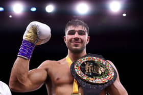 Tommy Fury poses for a photo with their Title Belt after defeating Jake Paul during the Cruiserweight Title fight between Jake Paul and Tommy Fury at the Diriyah Arena on February 26, 2023 in Riyadh, Saudi Arabia. (Photo by Francois Nel/Getty Images)