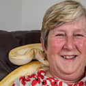 A woman who adopted a python following the death of her husband said she ‘felt an instant connection’ and the reptile brings her ‘so much joy’ 