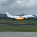 Boeing plane’s engine catches fire after take-off.