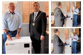 Matt Stockdale, founder of The 22:23 CIC, welcomes the Mayor of Northampton, Councillor Mike Hallam, to his home to demonstrate how affordable battery storage can help households reduce their energy bills.