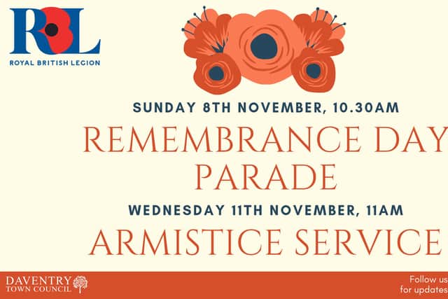 A Royal British Legion Remembrance Day Parade and Service will take place in Daventry on Sunday 8 November 2026