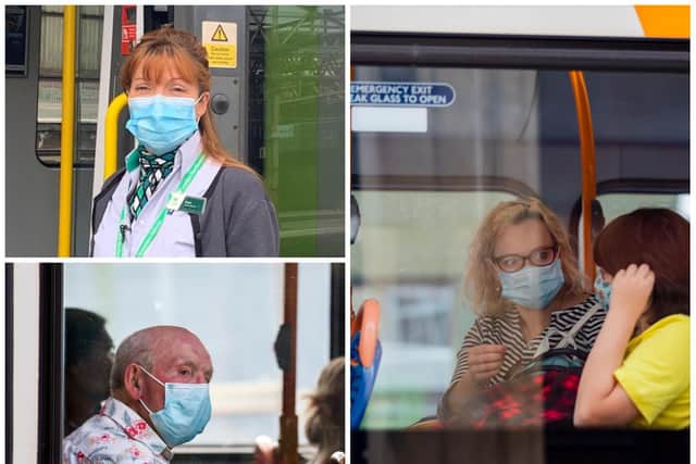 Face coverings are required on trains and buses. Photos: Leila Coker