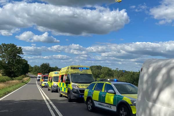 Emergency services and an air ambulance at the scene of yesterday's horror smash on the A361. Photo: Northamptonshire Police