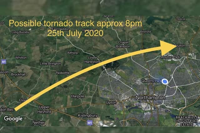 Meteorologists at @NNWeather tracked the tornado's path across Northamptonshire