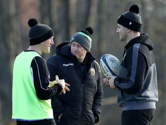 Chris Boyd with Sam Vesty (left) and Phil Dowson (right)