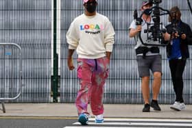 Lewis Hamilton went for this low-key number on his arrival at Silverstone on Thursday. Photo: Getty Images