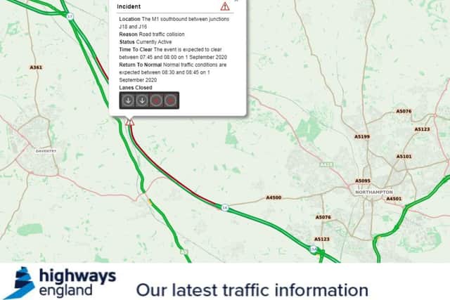 Highways England traffic maps show the stretch of the M1 affected