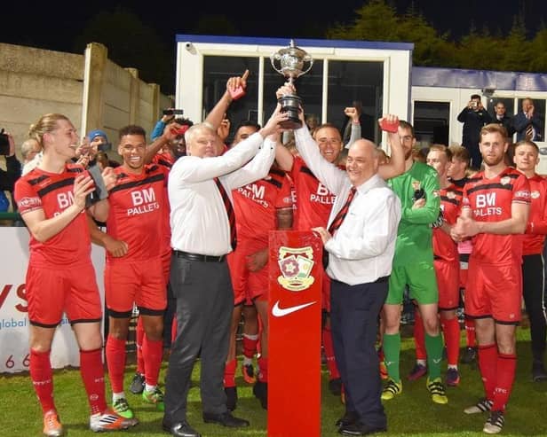 Kettering Town celebrate their Hillier Senior Cup success in 2018