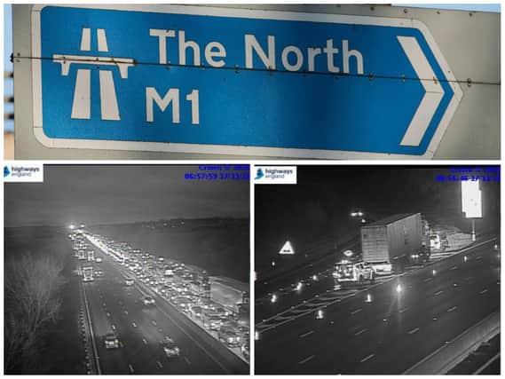 Highways England jamcams showed queues on the M1 northbound before 7am as traffic officers dealt with a broken down lorry