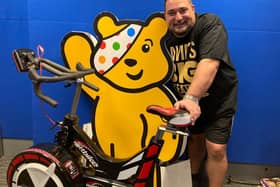 BBC Radio Northampton presenter Wayne Bavin after cycling 117 miles in 12 hours on a static bike for Children in Need