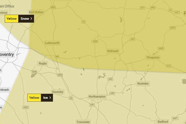 Met Office warnings are in force for most of Northamptonshire up until tomorrow morning
