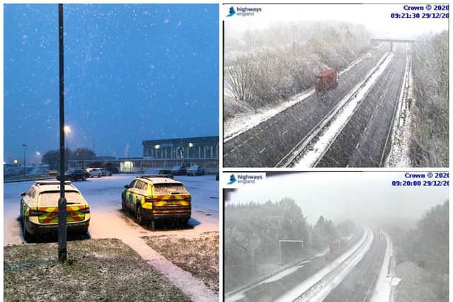 Snow is falling at East MIdlands Airport and on the M1 and M69 in Leicestershire this morning