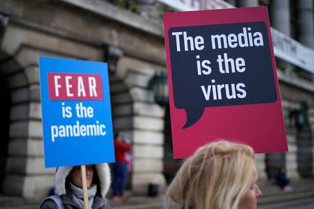 Protesters in Nottingham accuse the media of spreading fear by publishing Government statistics on deaths