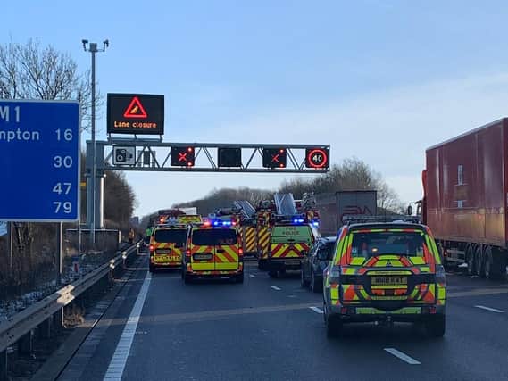 Emergency services dealing with the three-vehicle smash near Junction 18 on Monday. Photo: @Northants_RCT