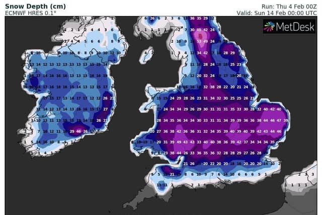 EWMWF charts show the depth of snow expected across the UK