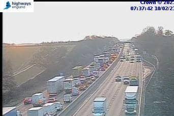 Highways England showed the queues of traffic heading south towards Northampton on the M1