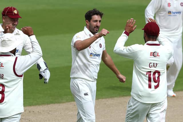 Ben Sanderson celebrates claiming a wicket in the Bob Willis Trophy clash with Warwickshire last season
