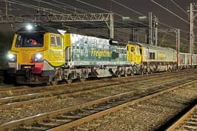 Two locos hauled the massive 'jumbo train' through Northamptonshire during the early hours of Thursday morning