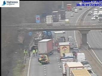 Highways England jam cams showed the scene of the shunt at just after 10.30am on Monday
