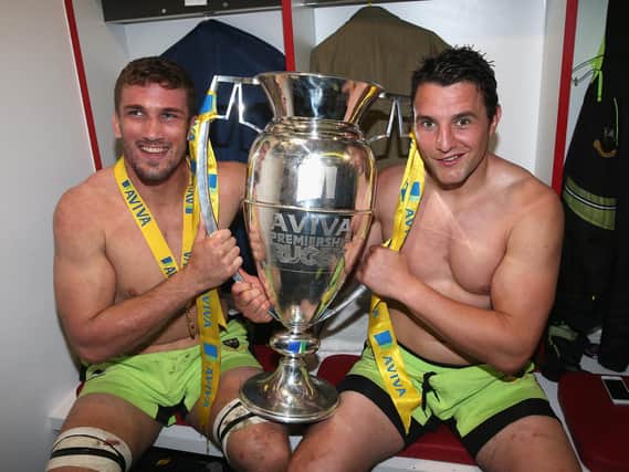 Christian Day and Phil Dowson celebrating the Premiership title win at Twickenham in 2014