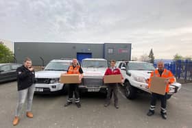 (L-R) Lilly Marabel from Northants RAYNET, Northamptonshire 4x4 Response chairman Gordon Brown, Tyler Bennett from the Red Cross and Robert Symes from Northamptonshire 4x4 Response
