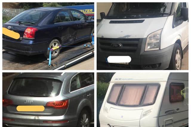 A selection of stolen, cloned and uninsured vehicles seized by Northamptonshire Police on Thursday