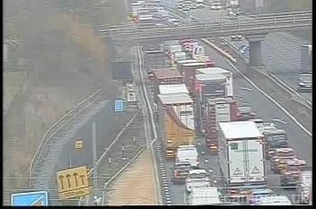 Traffic is crawling with two lanes closed on the M1 heading towards Northampton on Monday morning