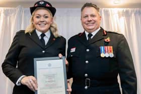 Joanne receives her award from Chief Officer Darren Dovey.
Picture: Kirsty Edmonds.