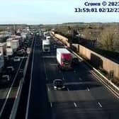 Motorway cameras showed the northbound side gridlocked near Newport Pagenll Services at 2pm