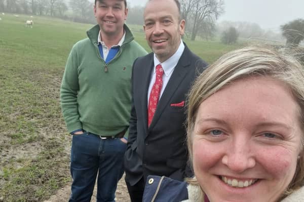 Andrew and Milly Fyfe showing Chris Heaton-Harris MP around the farm