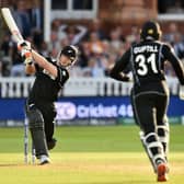 Jimmy Neesham hits Jofra Archer for six during the Super Over of the 2019 World Cup Final at Lord's