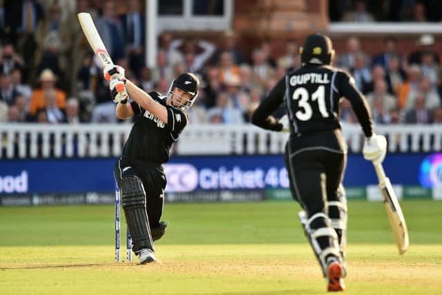 Jimmy Neesham hits Jofra Archer for six during the Super Over of the 2019 World Cup Final at Lord's