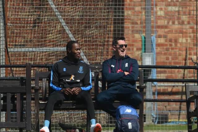 Jofra Archer is pictured with England fast bowling coach Jon Lewis at Hove at the weekend
