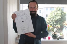 Tom with his fun portrait of Pam Rankin.