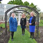 Viridian Nutrition founder and MD Cheryl Thallon, Daventry Mayor Karen Tweedale, Garden Organic acting CEO Julie Court attending the new demonstration Garden, at the charity’s national headquarters.