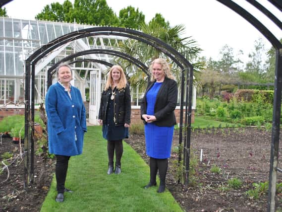 Viridian Nutrition founder and MD Cheryl Thallon, Daventry Mayor Karen Tweedale, Garden Organic acting CEO Julie Court attending the new demonstration Garden, at the charity’s national headquarters.