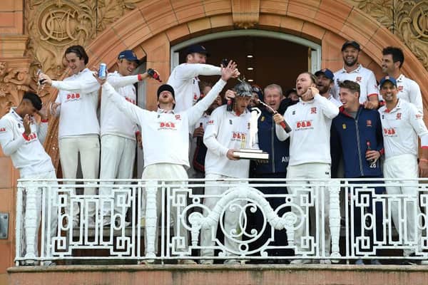 The Essex players celebrate their Bob Willis Trophy win at Lord's in 2020