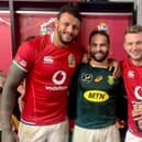 Courtney Lawes, Cobus Reinach and Dan Biggar after Saturday's third and final Lions Test in Cape Town