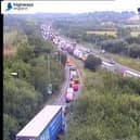 Highways England cameras showed the queues on the A14 during at just before 8am
