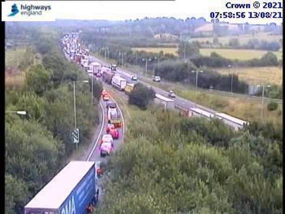 Highways England cameras showed the queues on the A14 during at just before 8am
