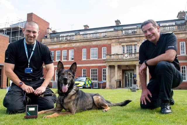 Nala and PC Foster with Chief Constable Nick Adderley at her big farewell earlier this year