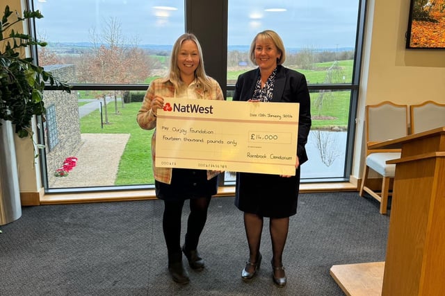Naomi Rees-Issitt, Our Jay Foundation founder and head of trustees, and Lorraine Marley, Rugby Borough Council’s bereavement services manager,  pictured at the cheque presentation at Rainsbrook Crematorium.