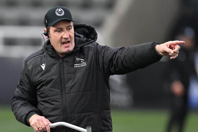 NEWCASTLE UPON TYNE, ENGLAND - OCTOBER 29: Falcons coach Alex Codling makes a point from his stepladder during the Gallagher Premiership Rugby match between Newcastle Falcons and Northampton Saints at Kingston Park on October 29, 2023 in Newcastle upon Tyne, England. (Photo by Stu Forster/Getty Images)