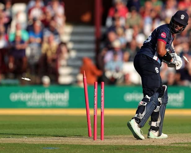 Steelbacks top-scorer Emilio Gay is bowled by Zaman Khan (Picture: David Rogers/Getty Images)