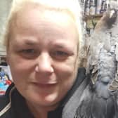 Weedon Wildlife's founder, Lindsey Websdale, with Floof, the pigeon, on a test flight break, in December 2022.