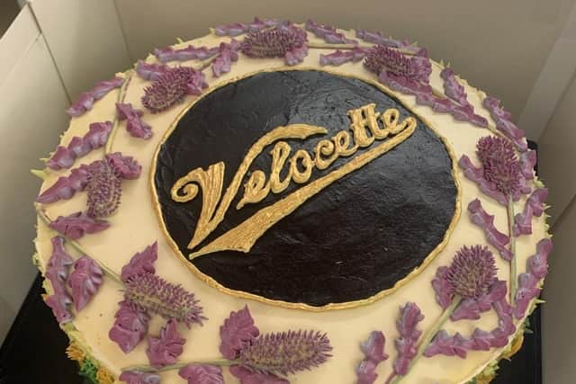 Jack's cake is inspired by his love of Velocette motorbikes. He saved £60 to purchase his first 350cc Velocette motorbike when he worked for a butcher's shop in Kingsthorpe, Northampton.