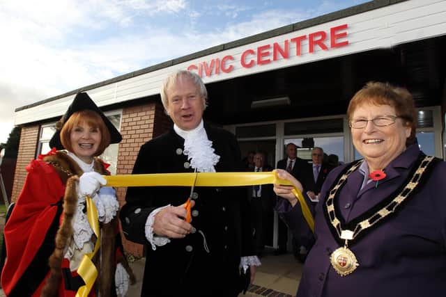 2010 - Burton Latimer opening of Civic Centre: (centre) High Sheriff of Northamptonshire David Laing, cuts the ribbon assisted by l-r  Mayor Shirley Lynch and Cllr Maureen Jerram, ( Burton Latimer Council)