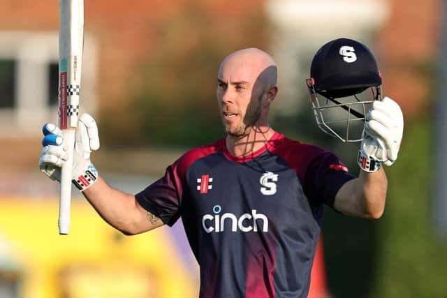 Chris Lynn celebrates his century for the Steelbacks against Leicestershire Foxes