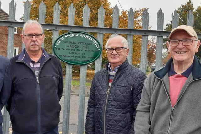 The trustees of LB Sportsfield l to r Ted Thresher, Dave Austin, John Williams & Jack Wright with the recently erected plaque acknowledging the financial support received for the car park extension.