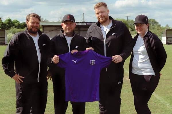Members of the Daventry Town FC football team: Carl Parsons, Tyrone Wildman, Mark Matthews, and Katie Parsons.